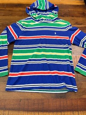 Polo Ralph Lauren Boys Striped Hooded Long Sleeve Shirt Size L 14-16 Pony Logo